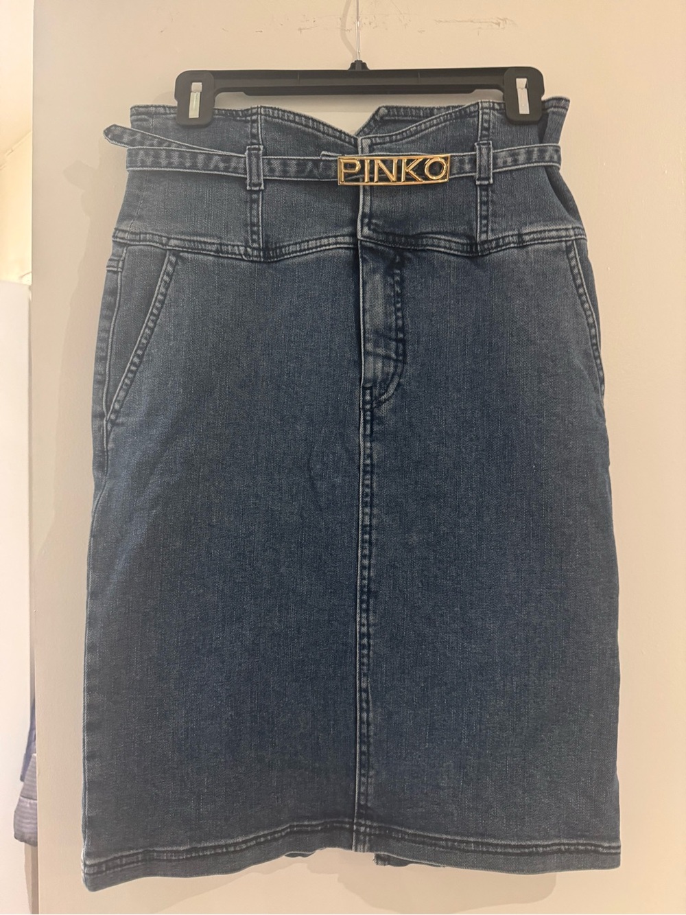 Pinko Blue Denim Pencil Skirt with Logo Belt Accent